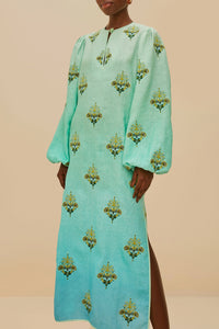 Robe midi brodée Palm Tree Tapestry en lin - Bleu