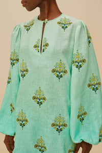 Robe midi brodée Palm Tree Tapestry en lin - Bleu