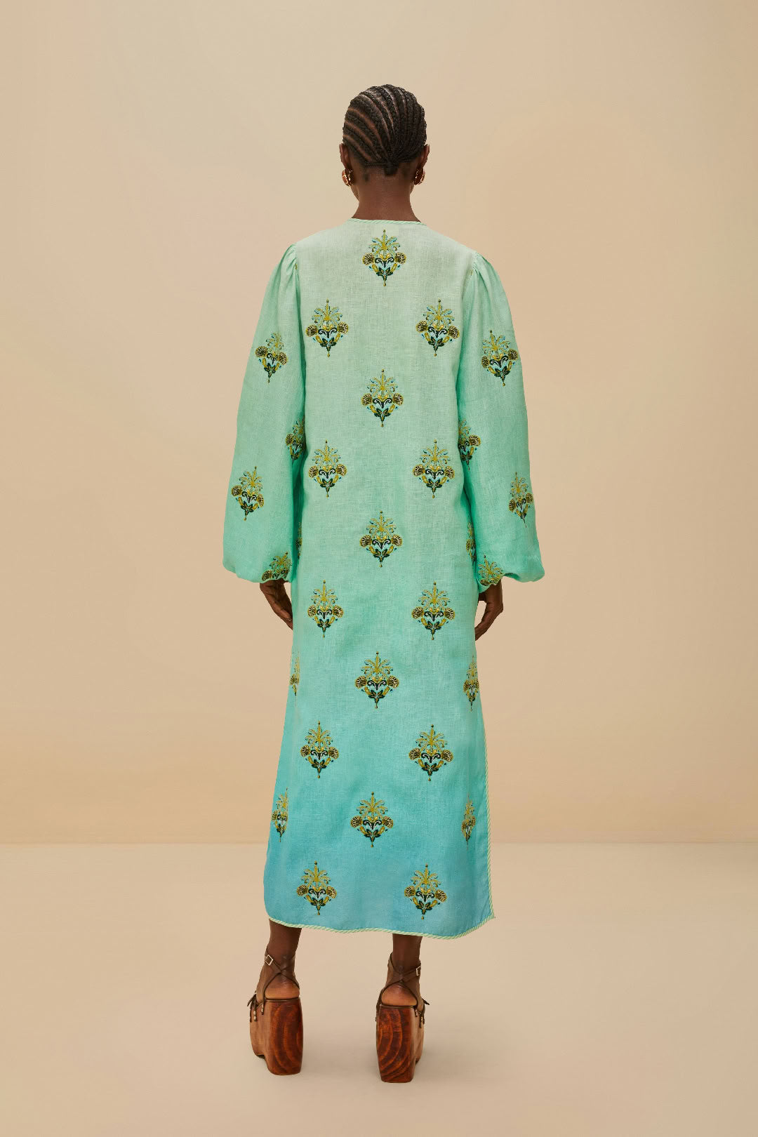 Palm Tree Tapestry embroidered linen midi dress - Blue