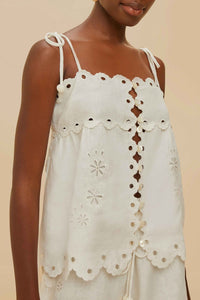 Blouse Flowers richelieu sans manches en lin - Blanc