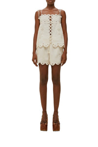Blouse Flowers richelieu sans manches en lin - Blanc