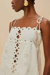 Blouse Flowers richelieu sans manches en lin - Blanc