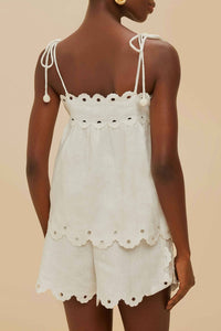 Blouse Flowers richelieu sans manches en lin - Blanc