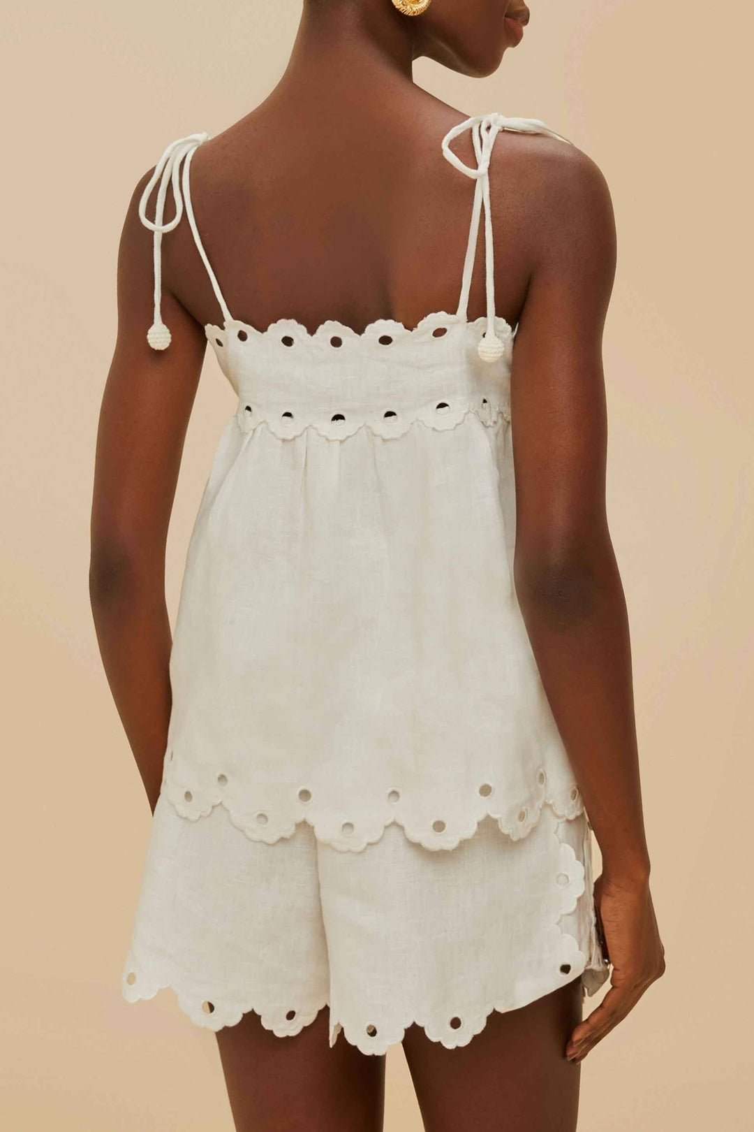 Blouse Flowers richelieu sans manches en lin - Blanc