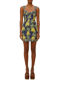 Short dress with lacing straps in linen - Blue