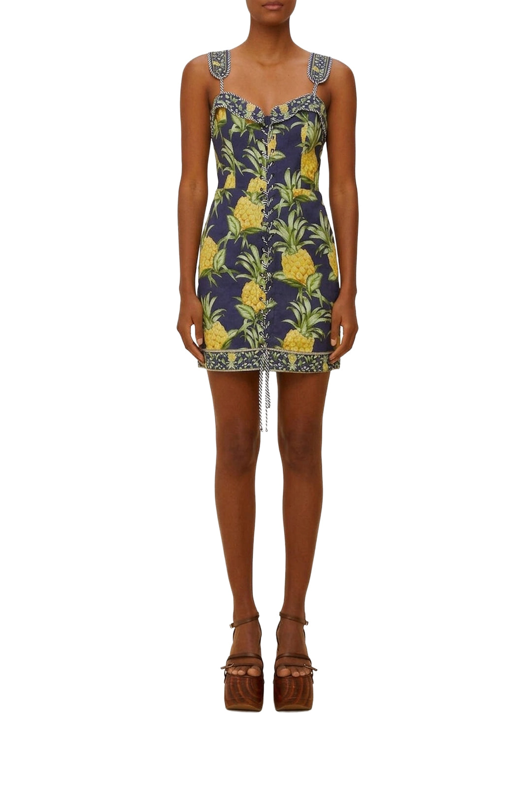 Short dress with lacing straps in linen - Blue