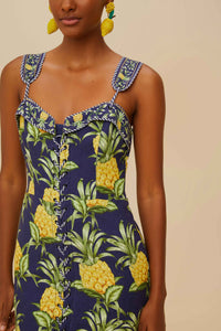 Short dress with lacing straps in linen - Blue