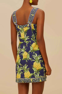 Short dress with lacing straps in linen - Blue