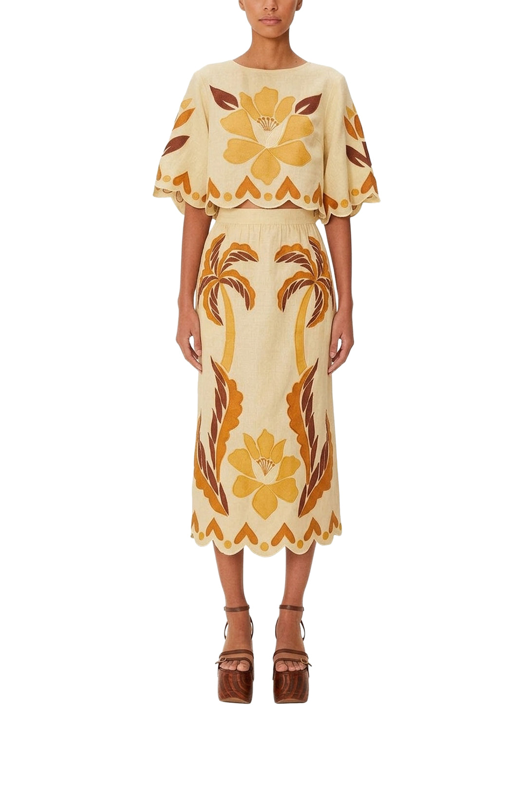 Jupe midi Summer Cutwork en lin - Beige