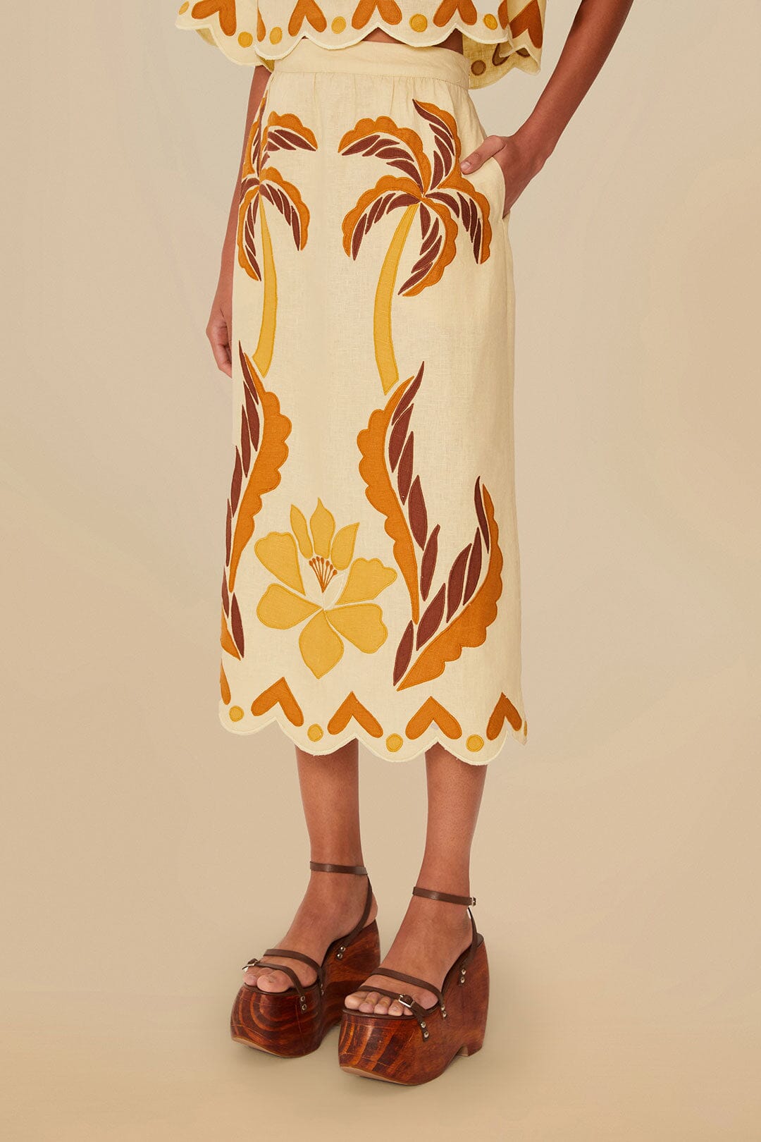 Jupe midi Summer Cutwork en lin - Beige