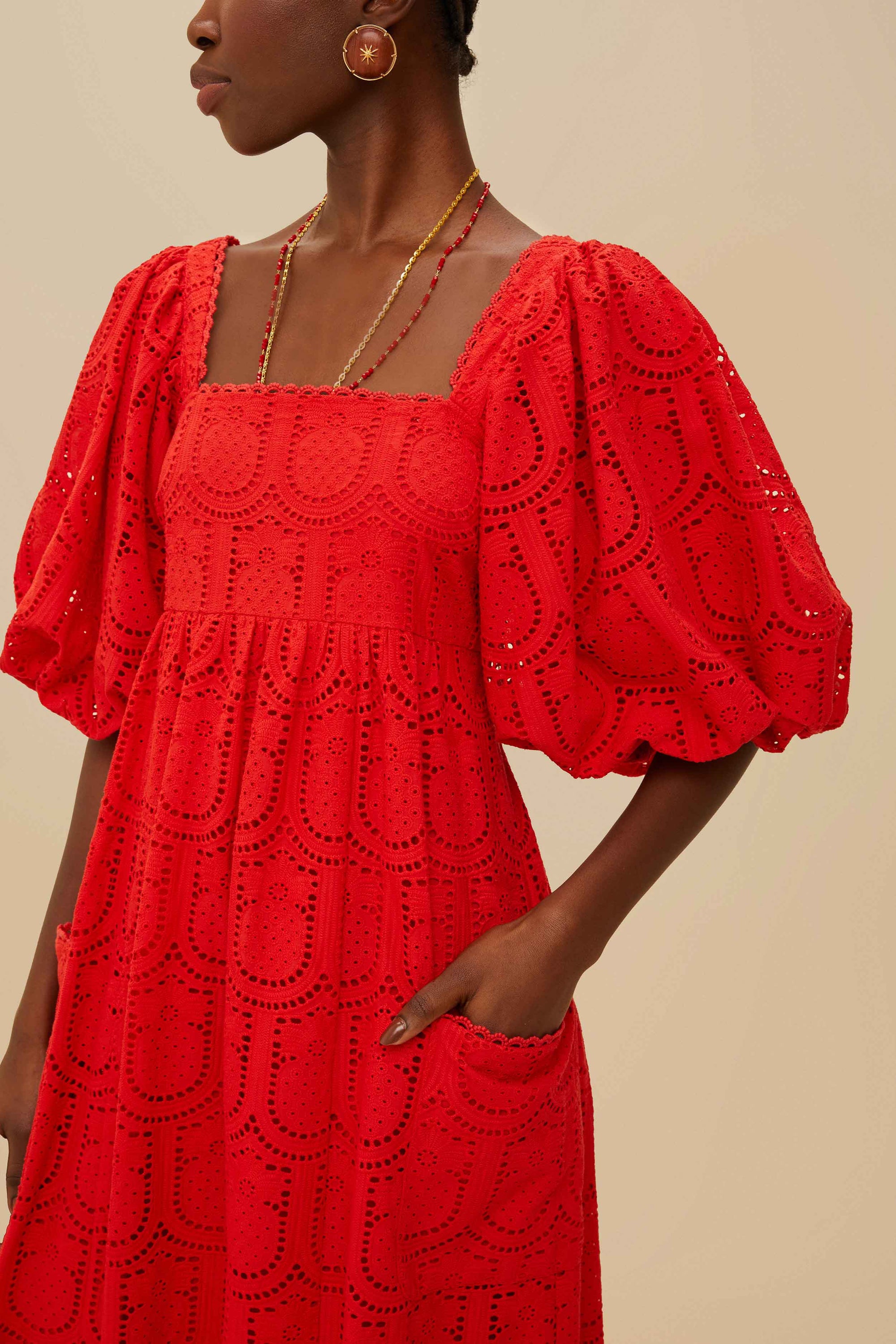 Robe midi Pineapple Eyelet - Rouge