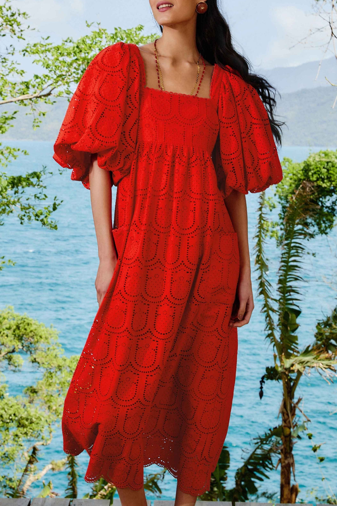 Robe midi Pineapple Eyelet - Rouge
