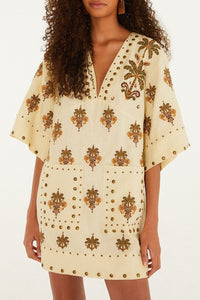 Robe courte Coconut Tree Tapestry Tunic en lin - Beige