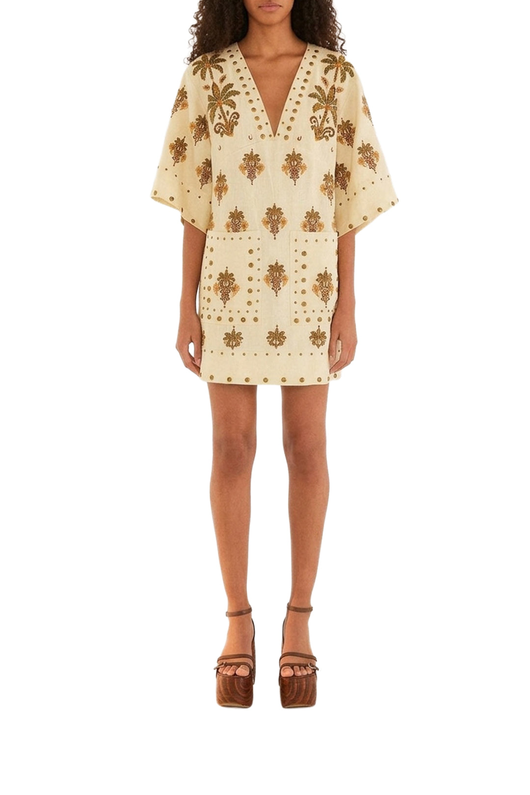Robe courte Coconut Tree Tapestry Tunic en lin - Beige