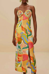 Robe longue à détails en lin - Jaune