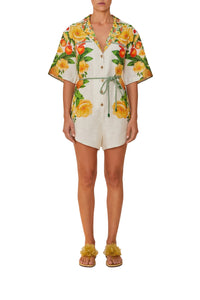 Combi-short ceinturée en lin - Jaune