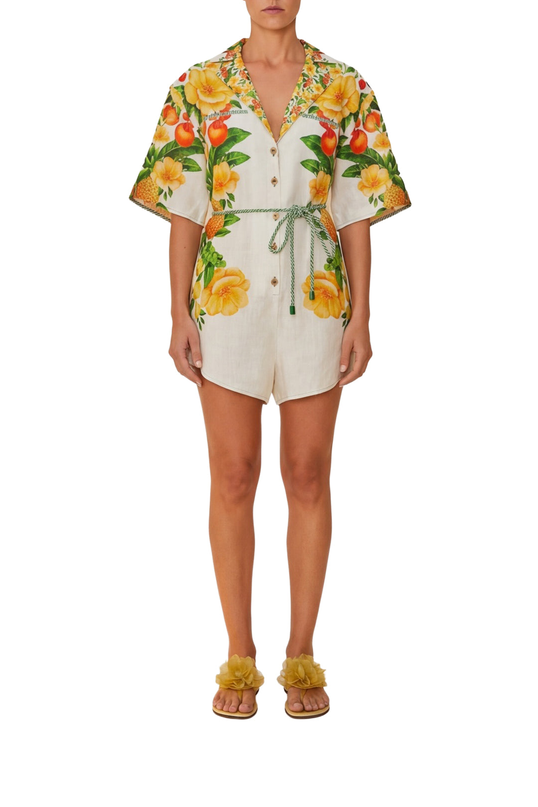 Combi-short ceinturée en lin - Jaune