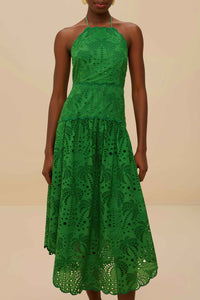 Robe midi Palm Tree Eyelet à bretelles - Vert