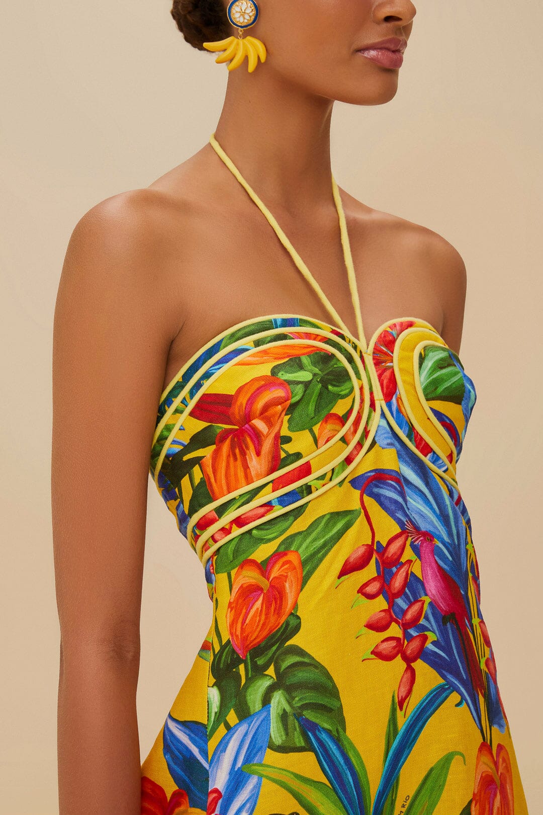 Robe courte à bretelles en lin - Jaune