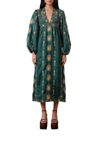 Robe midi Pineapple brodée Tunic en lin - Vert