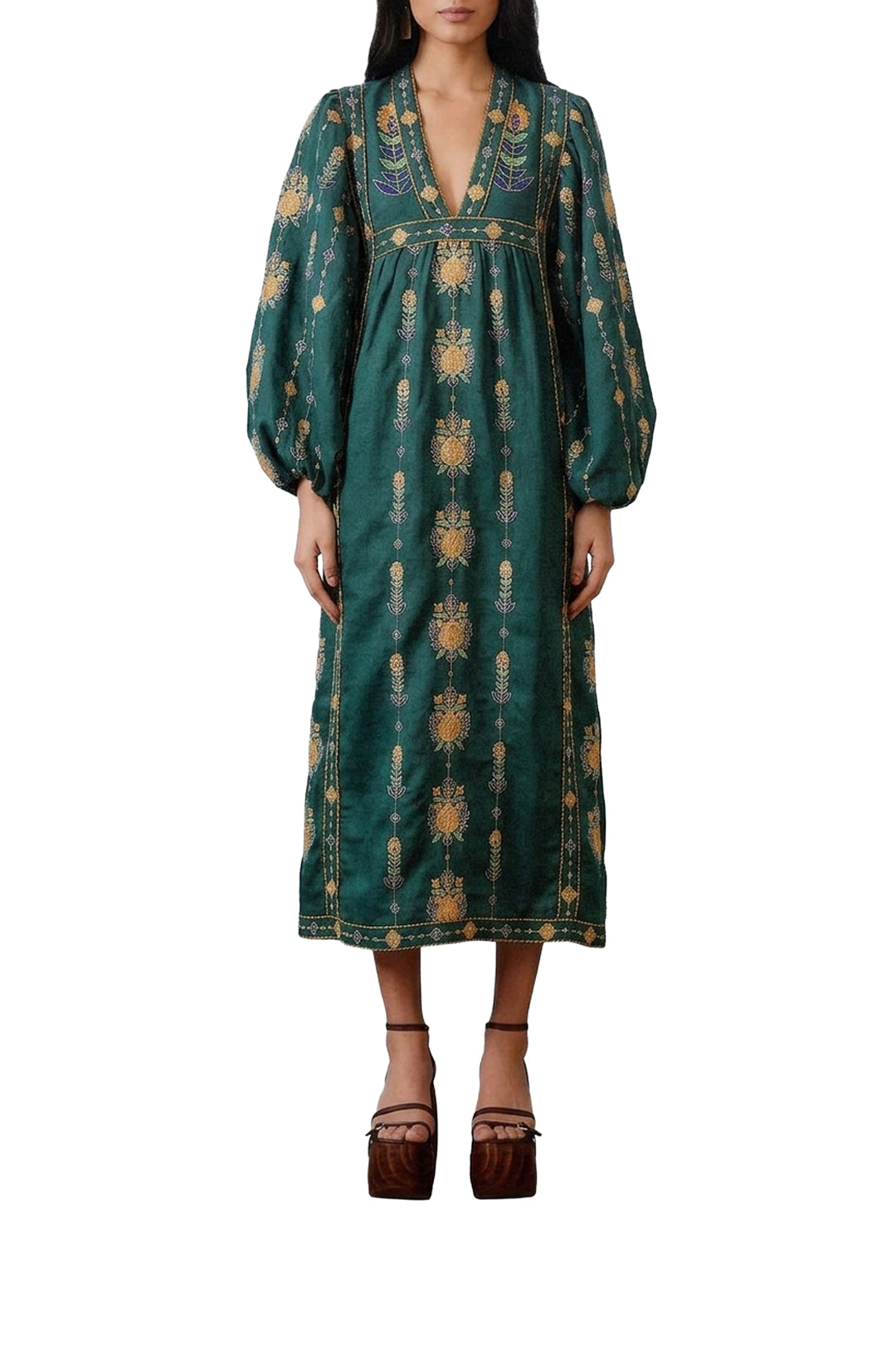 Robe midi Pineapple brodée Tunic en lin - Vert