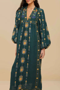 Robe midi Pineapple brodée Tunic en lin - Vert