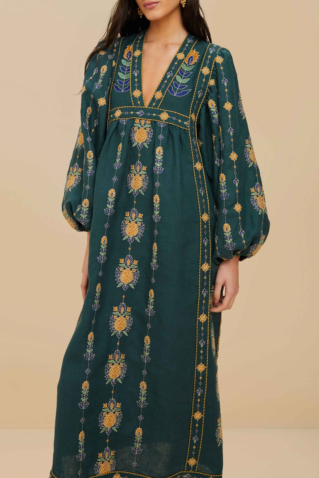 Robe midi Pineapple brodée Tunic en lin - Vert