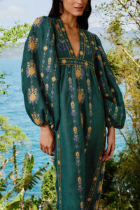 Robe midi Pineapple brodée Tunic en lin - Vert