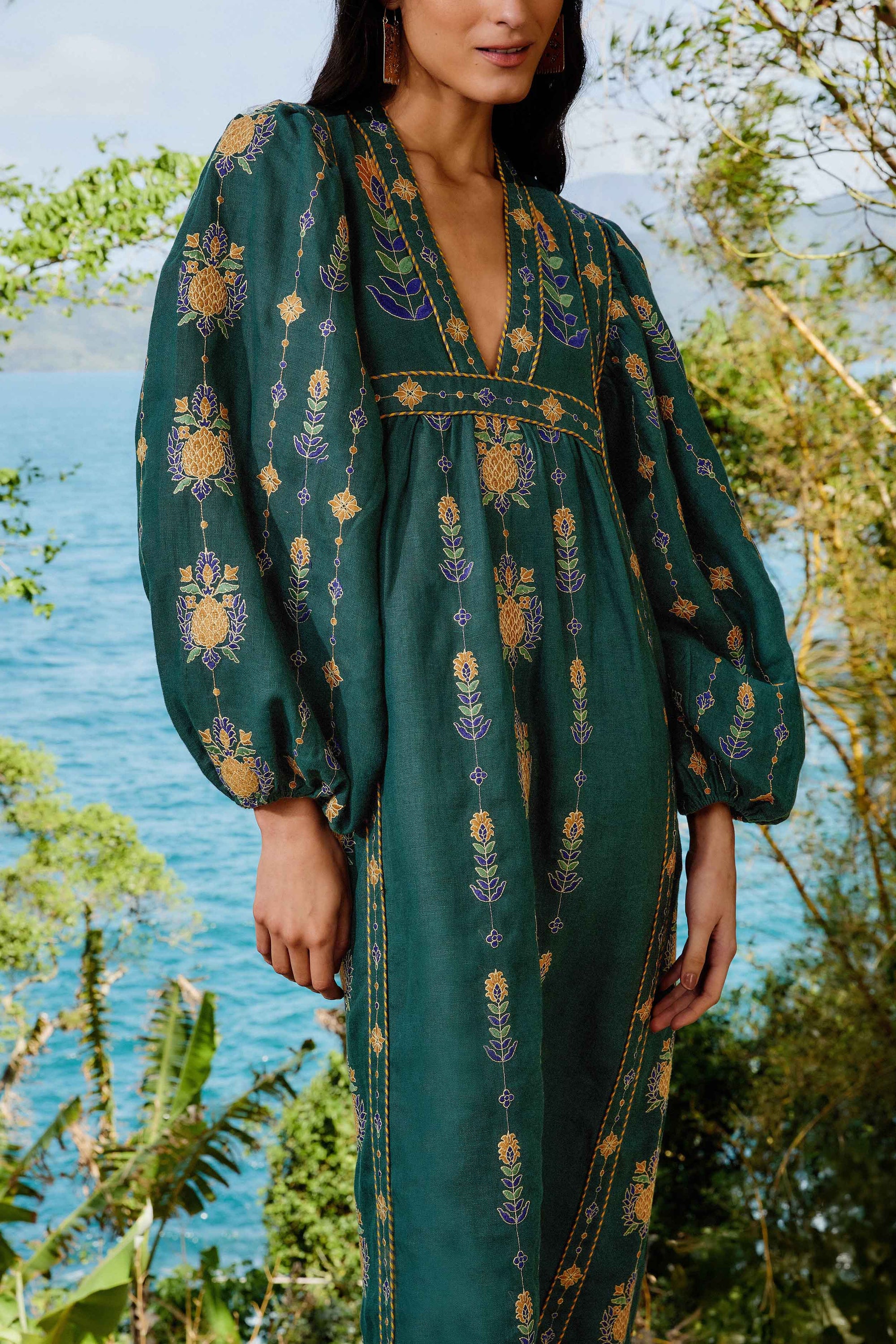 Robe midi Pineapple brodée Tunic en lin - Vert