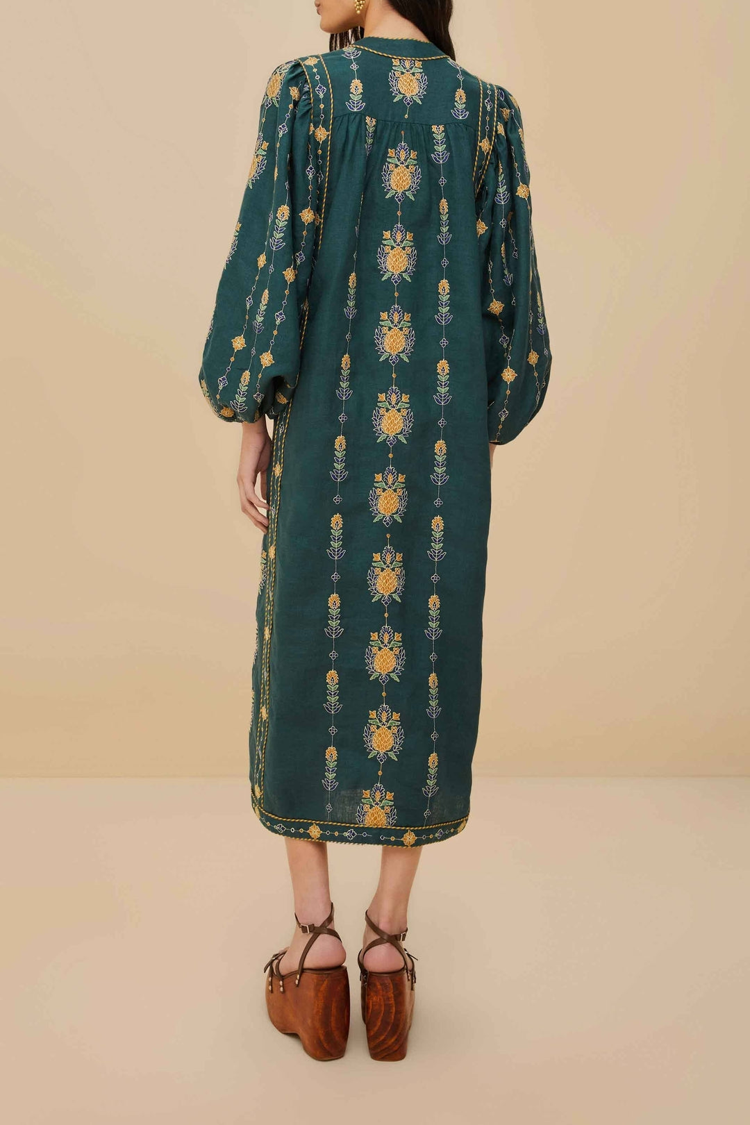 Robe midi Pineapple brodée Tunic en lin - Vert