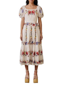 Tropical Porcelain embroidered midi dress - White