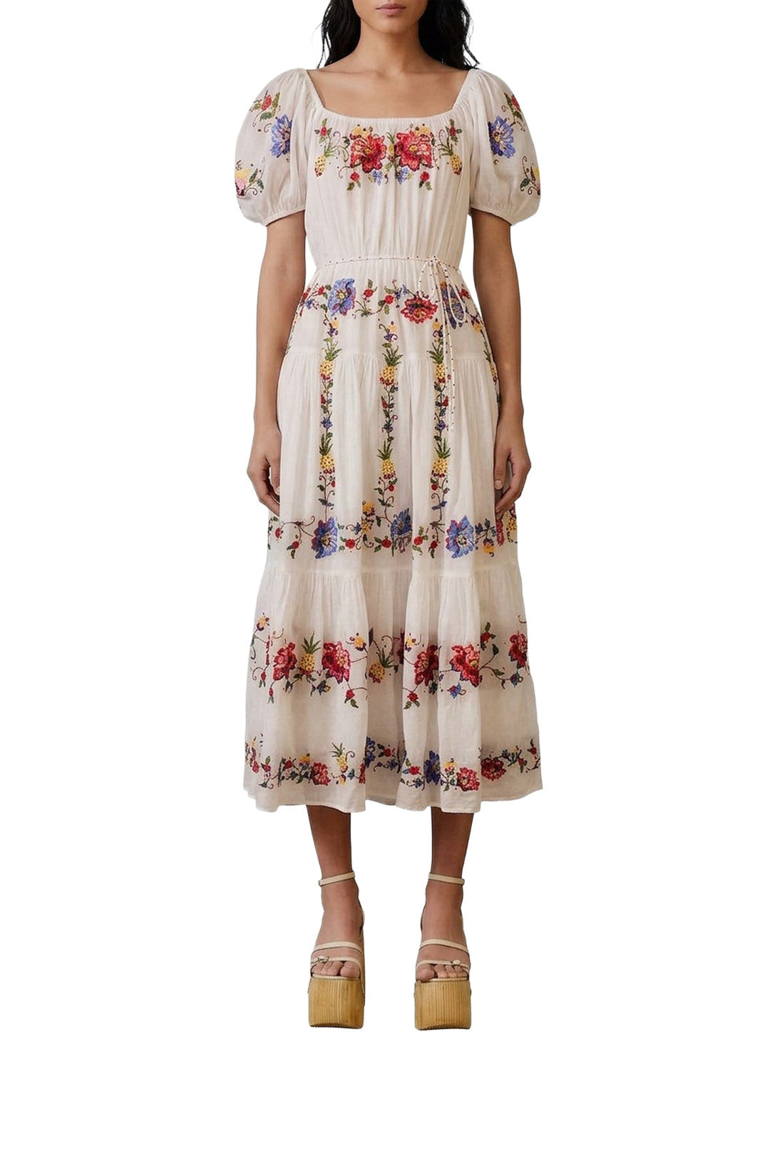 Tropical Porcelain embroidered midi dress - White