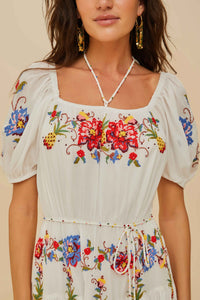 Tropical Porcelain embroidered midi dress - White