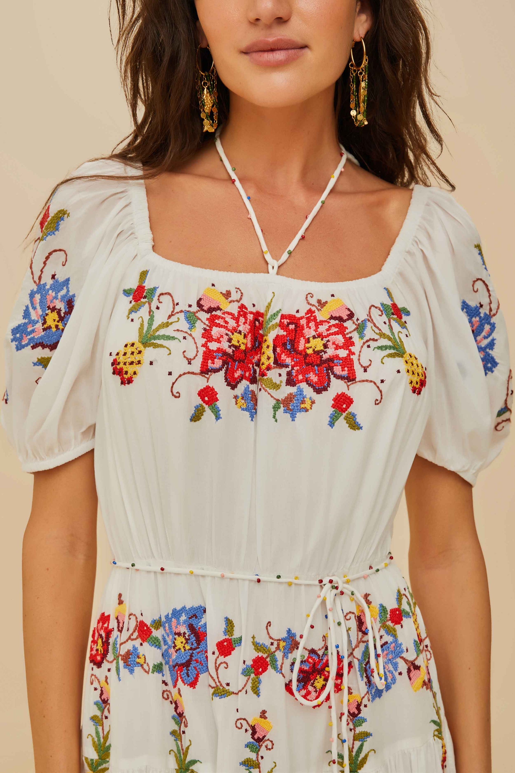 Tropical Porcelain embroidered midi dress - White
