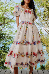 Tropical Porcelain embroidered midi dress - White