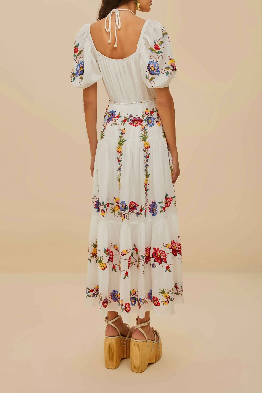 Tropical Porcelain embroidered midi dress - White