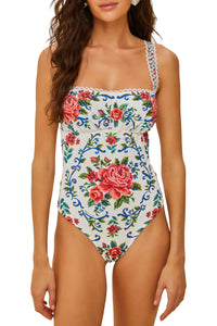Flower Tapestry one-piece swimming costume - Blue