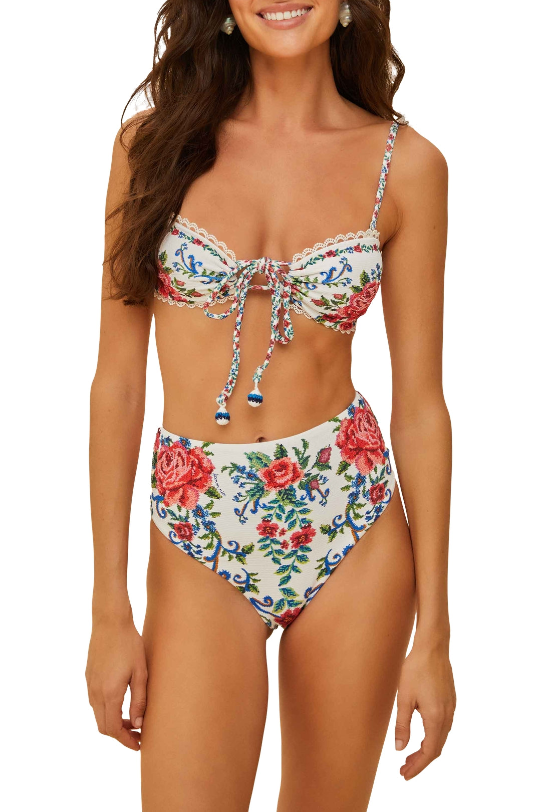 Bas de bikini taille haute Flower tapestry - Bleu