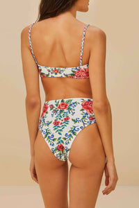 Bas de bikini taille haute Flower tapestry - Bleu