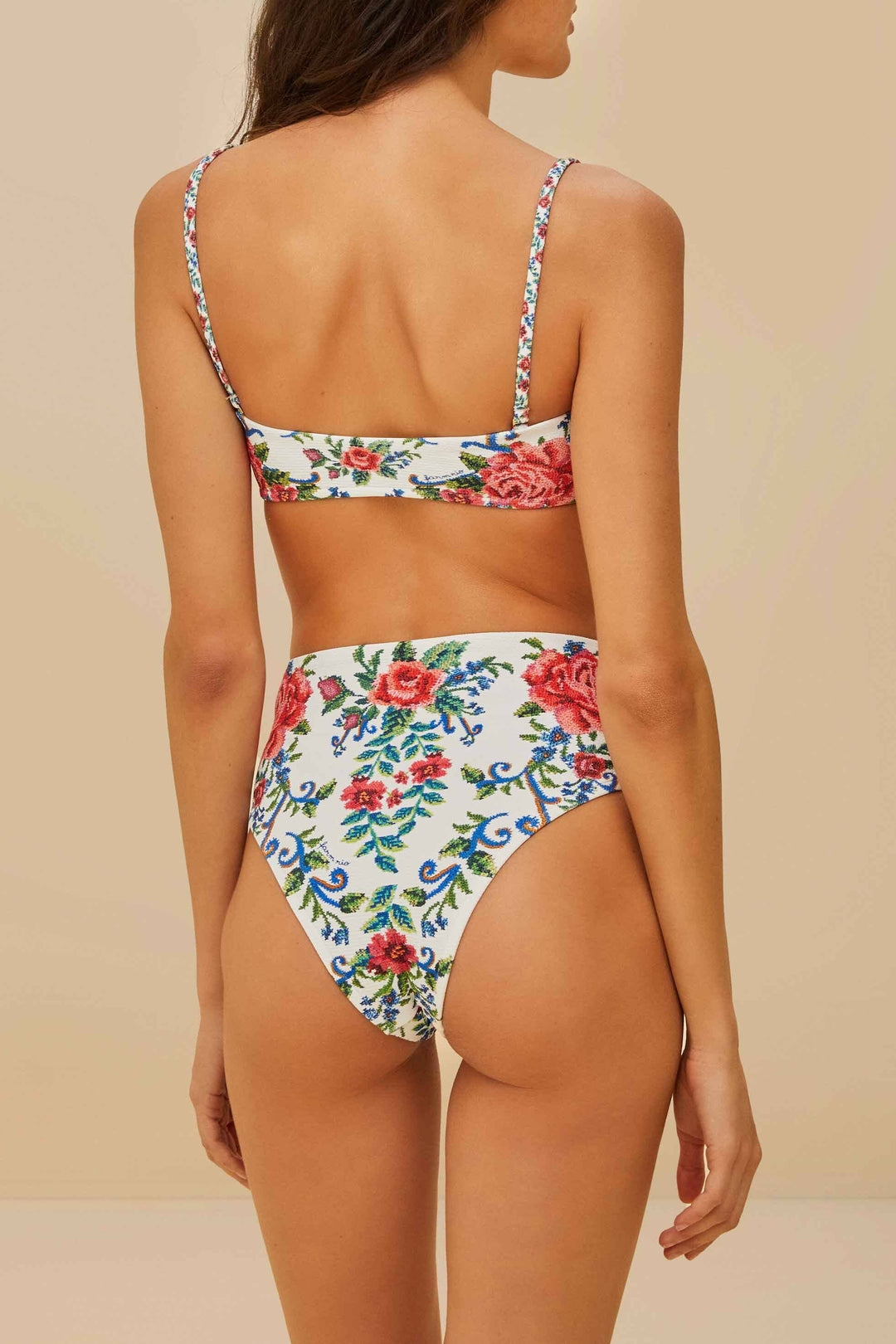 Bas de bikini taille haute Flower tapestry - Bleu
