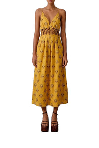 Coconut Tree Tapestry Macrame Yoke midi dress in linen - Beige