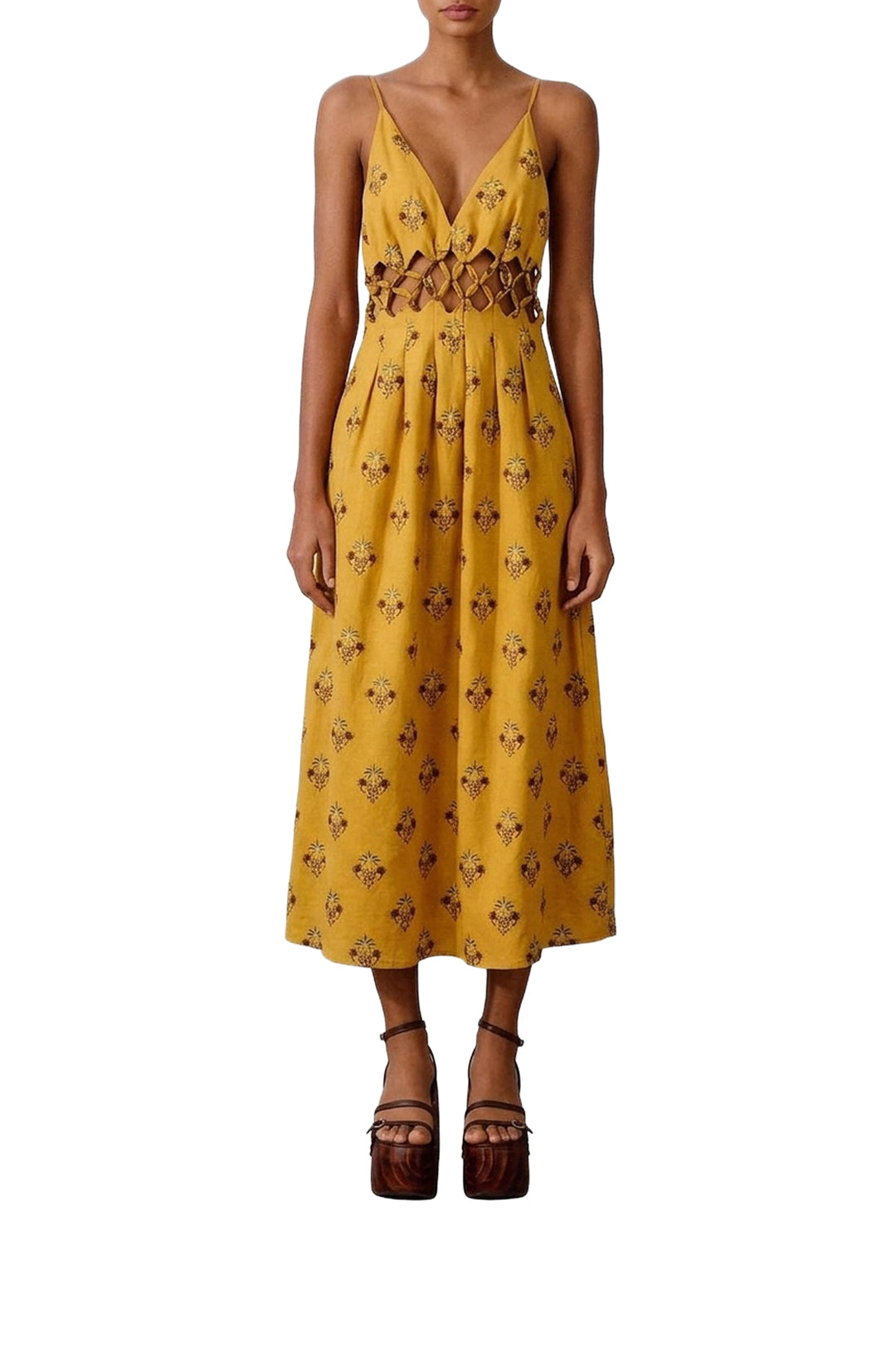 Coconut Tree Tapestry Macrame Yoke midi dress in linen - Beige