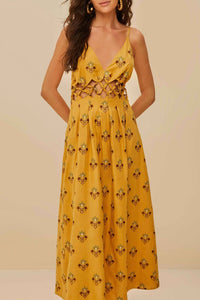 Coconut Tree Tapestry Macrame Yoke midi dress in linen - Beige