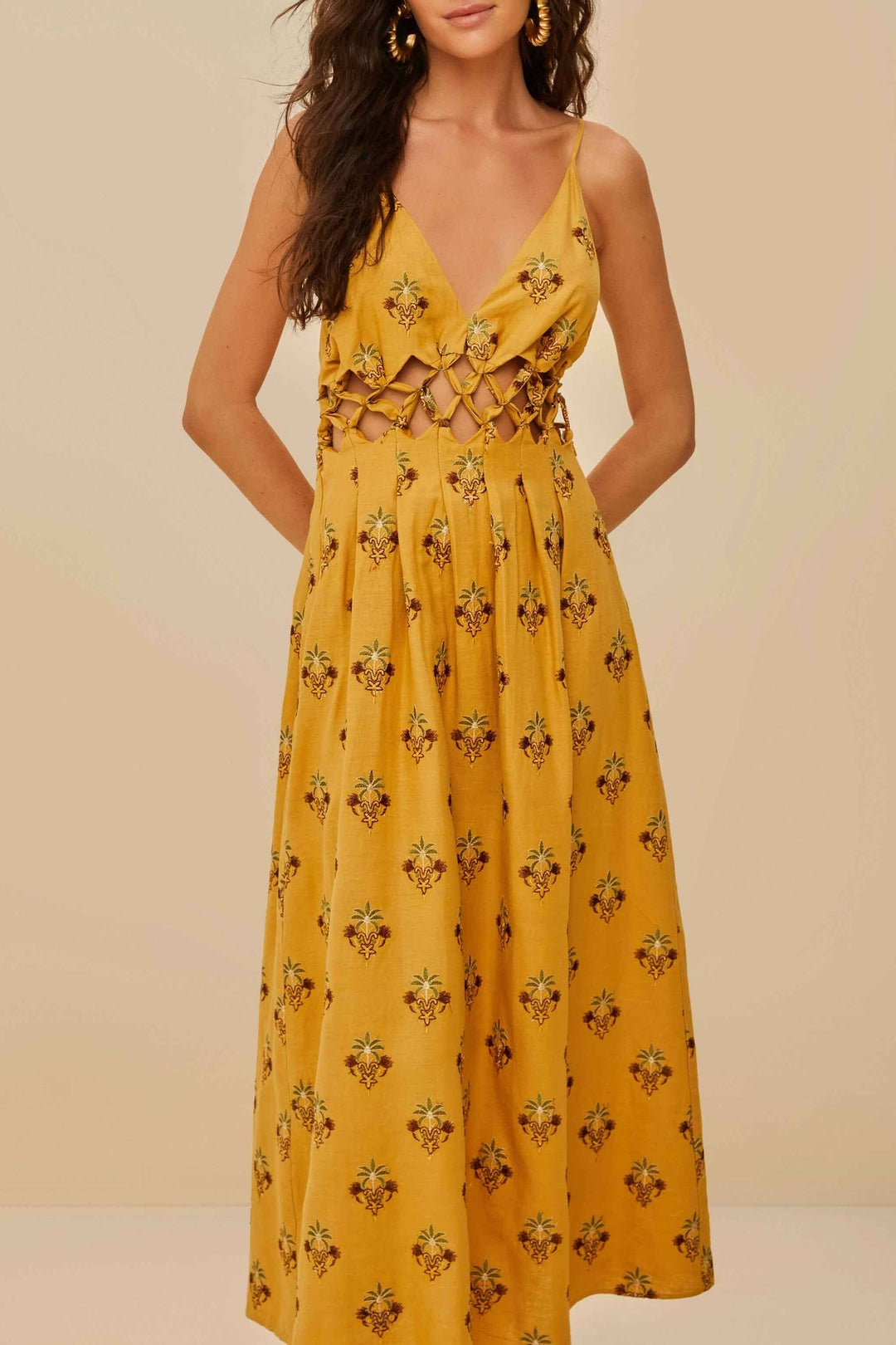 Coconut Tree Tapestry Macrame Yoke midi dress in linen - Beige