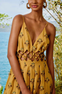 Coconut Tree Tapestry Macrame Yoke midi dress in linen - Beige