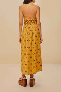 Coconut Tree Tapestry Macrame Yoke midi dress in linen - Beige