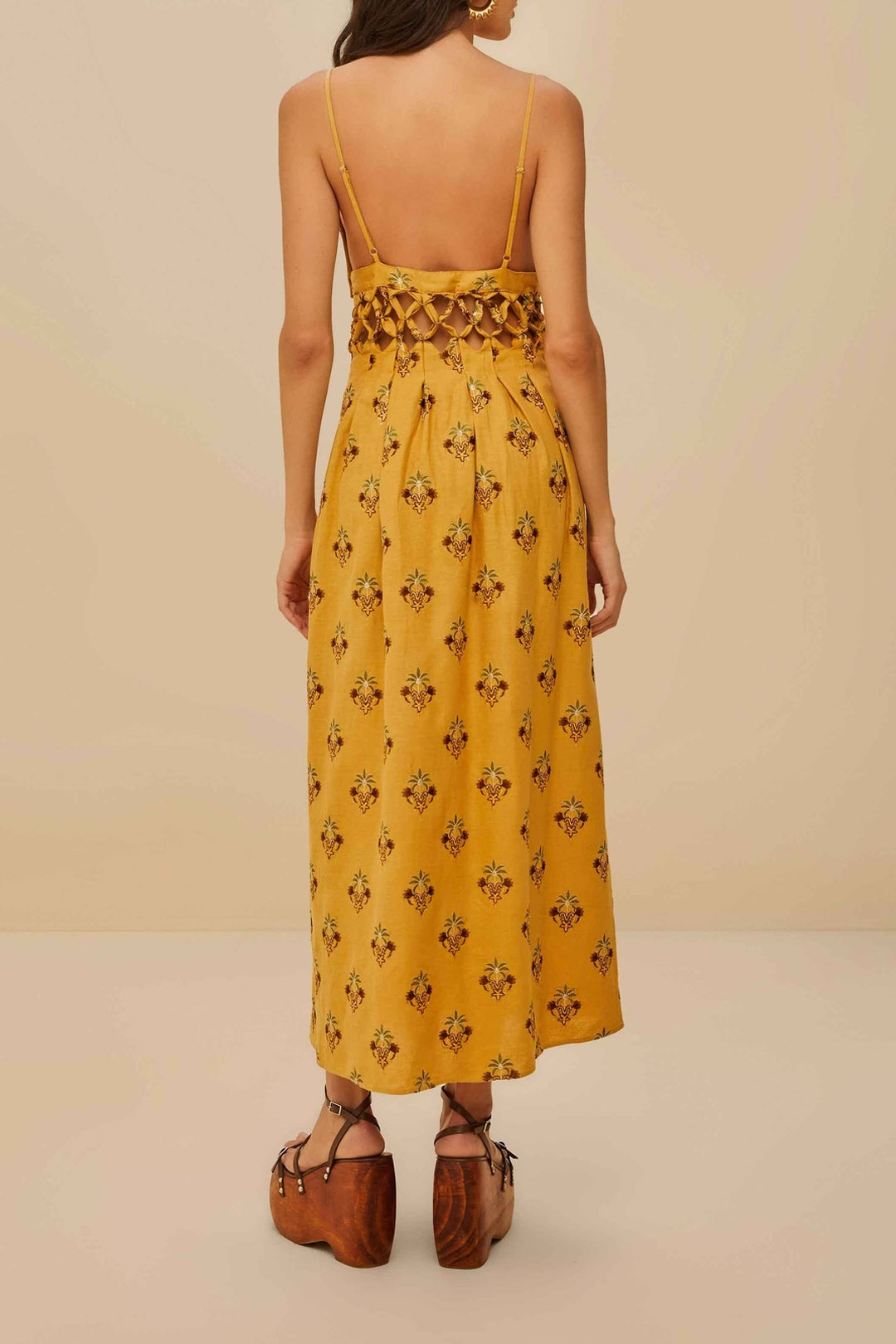 Coconut Tree Tapestry Macrame Yoke midi dress in linen - Beige