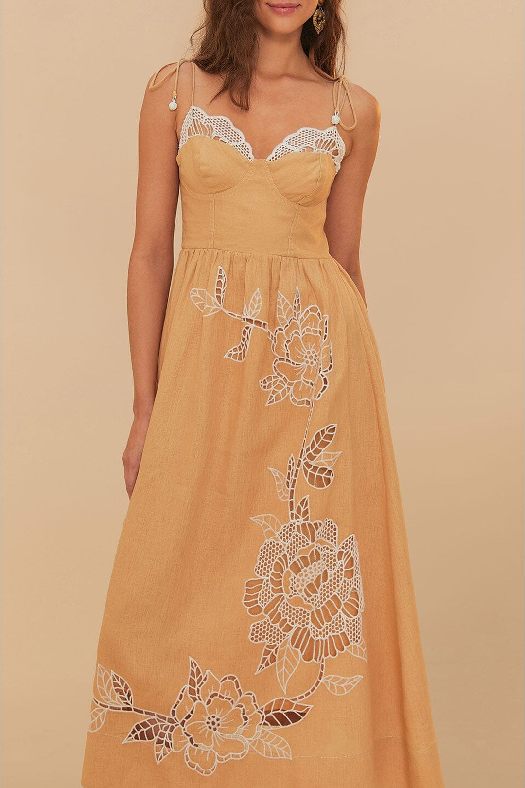 Robe longue à découpes en lin - Beige