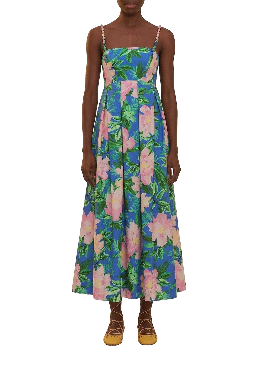 Robe longue Painted Flowers en coton - Bleu