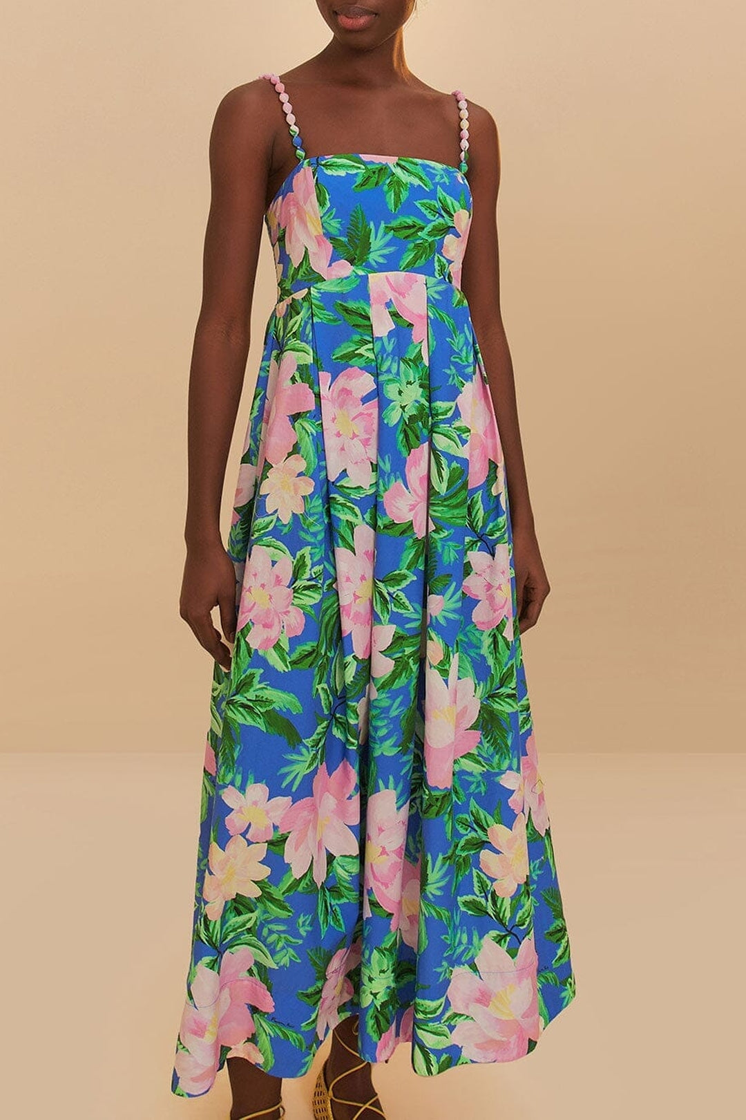 Robe longue Painted Flowers en coton - Bleu